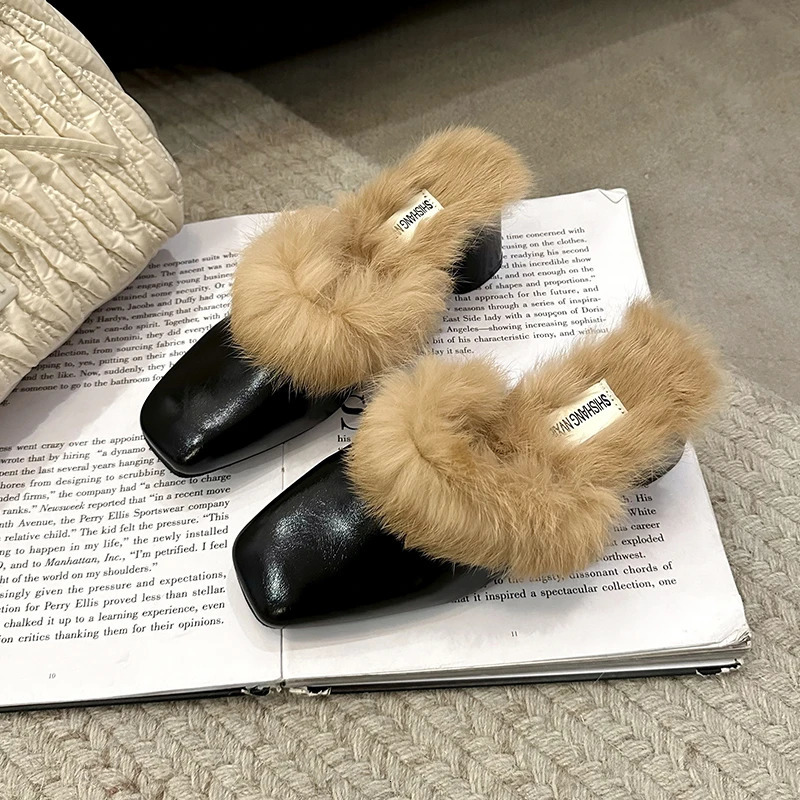 Winter Women Fur Shoes Elegant Fashion Closed Toe Mules 5cm High Heel Height Shoes Lady Sexy Chunky Soft Warm Slippers 241106