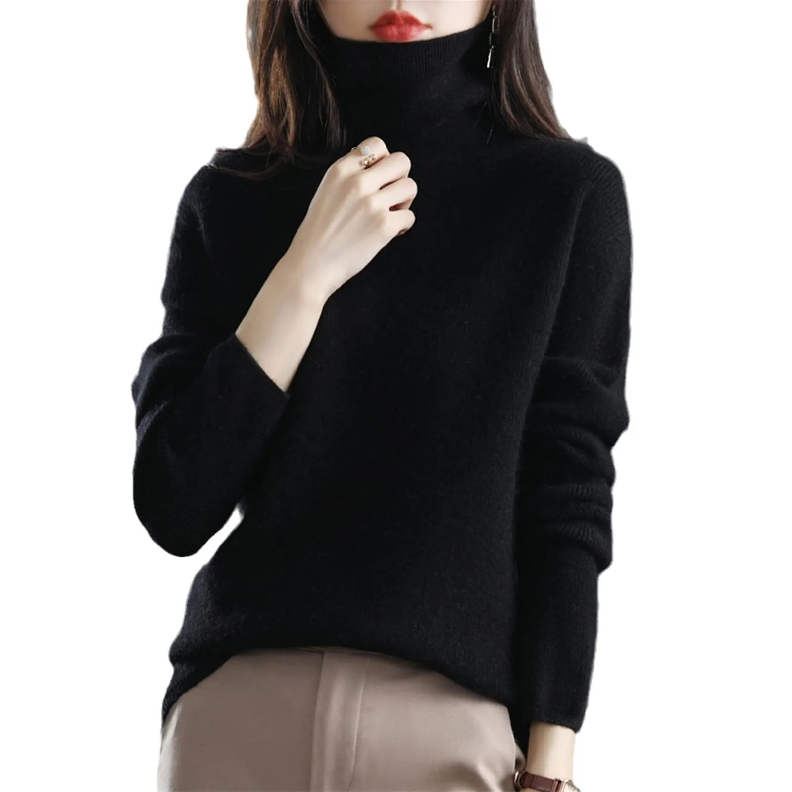 Womens Sweater Pullover Cashmere Pullover High Neck Wool Casual Knit Tops Autumn Winter Jacket Warm Pullover 241107