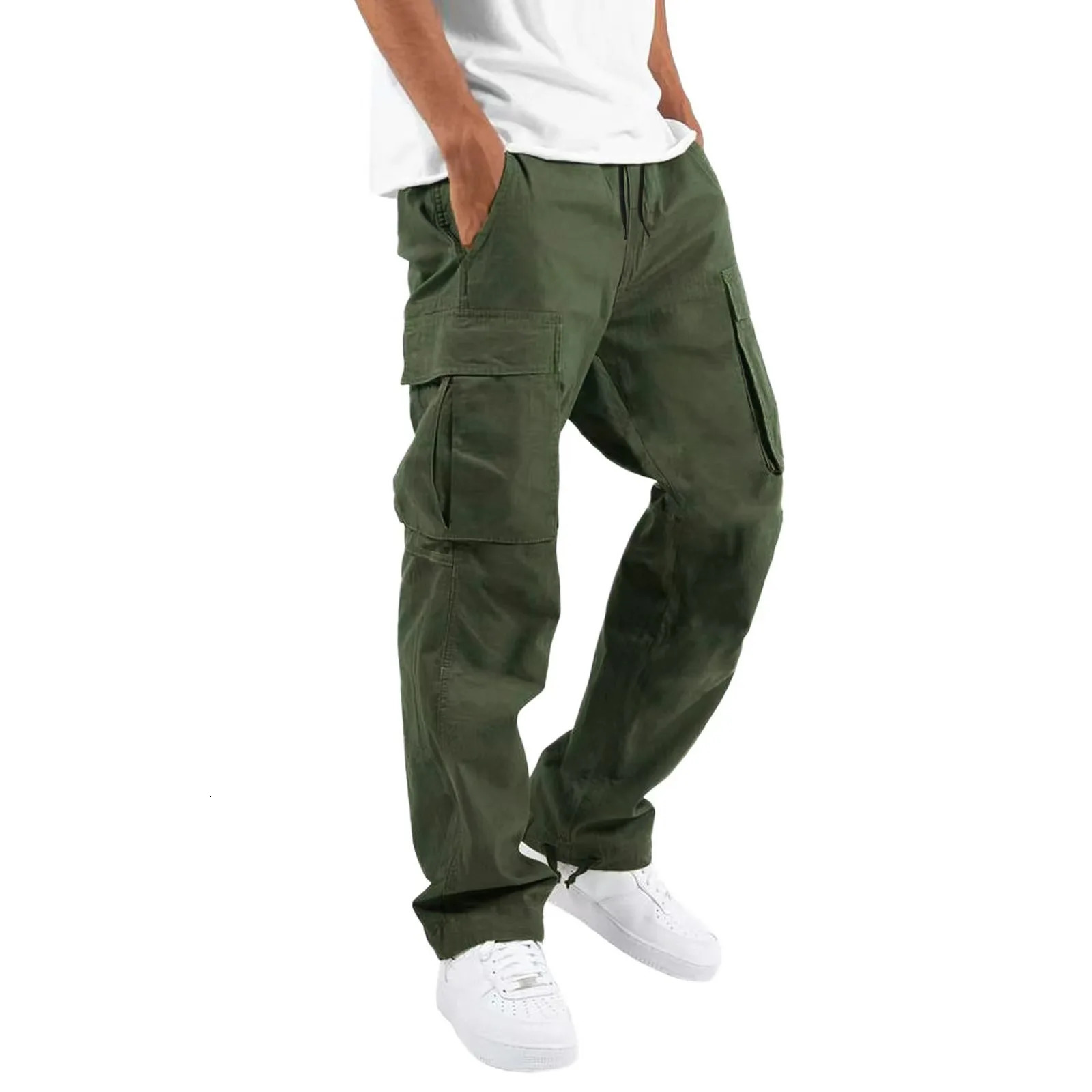 Mens Cargo Pants Trouser Full Length Solid Color Loose Multi Pocket Drawstring Pocket Mens Cargo Pants 3XL 241106