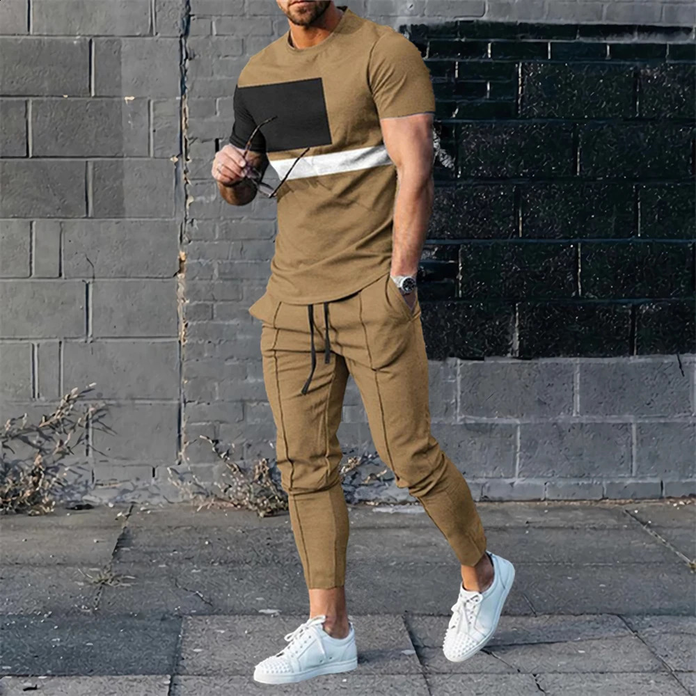 TShirt Tracksuit 2 Piece Set High Quality Trend Casual Short Sleeve Sportswear Suits Fashion Man Clothing Trousers 240407