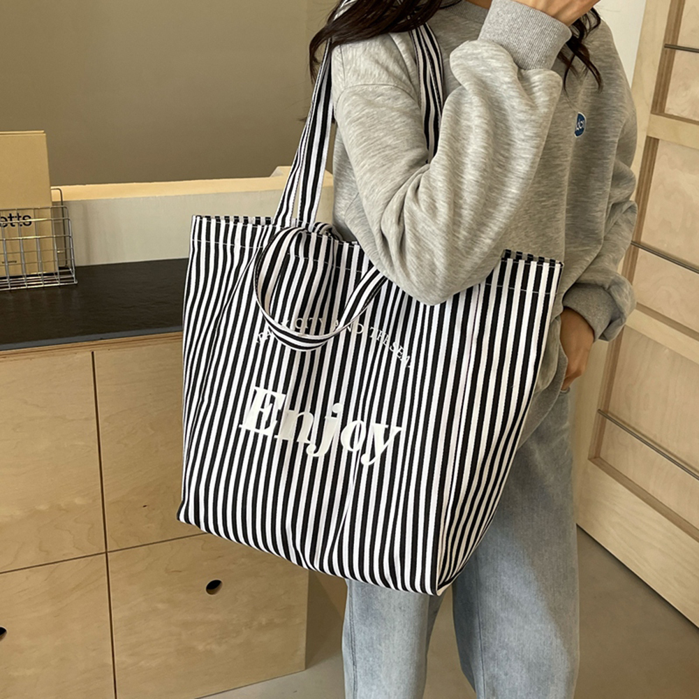 Striped Canvas Casual Tote Bag Lightweight Satchel Purse Soft Shoulder Purse Weekender Beach Bag for Women