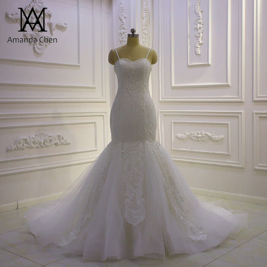 Spaghetti Straps Lace Applique Mermaid Off White Wedding dress