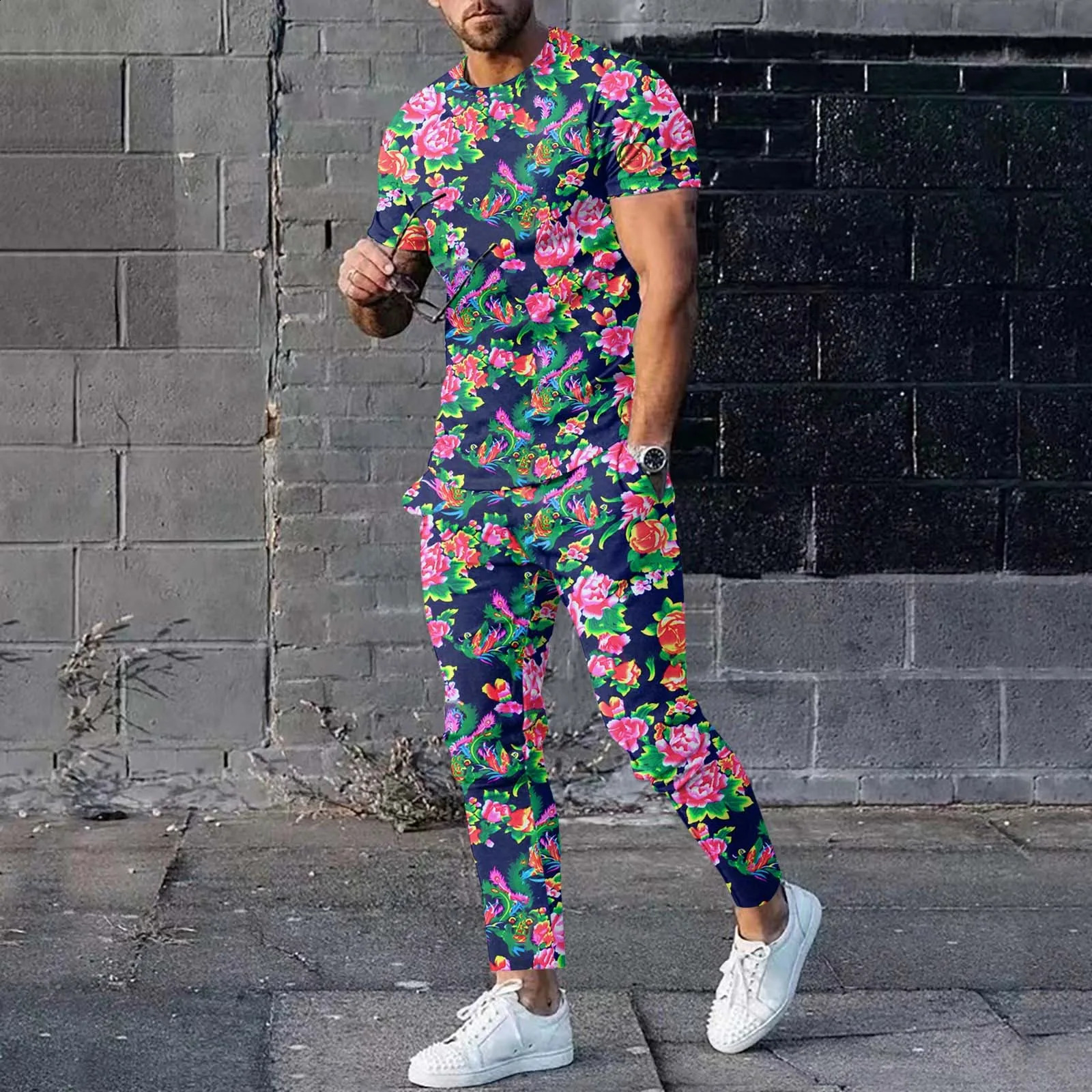 Men Spring Summer Northeast Big Flower Short Sleeve T Shirt and Pants Chinese Fashion Ethnic Style Mens Clothing Set 240401