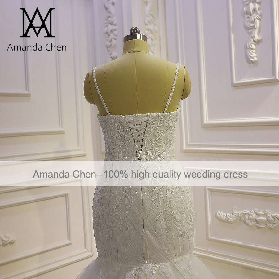 Spaghetti Straps Lace Applique Mermaid Off White Wedding dress