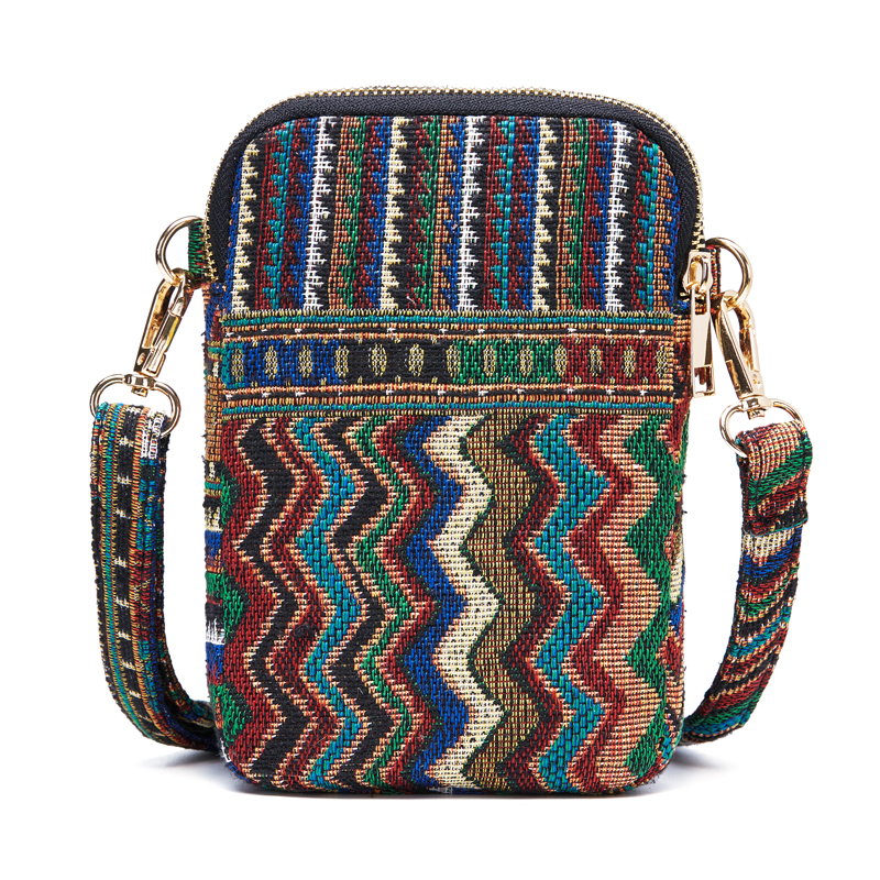 Annmouler Fashion Messenger Bag Mini Shoulder Bag Mobile Phone Pouch Bohemian Style Phone Case Fabric Adjust Shoulder Purse