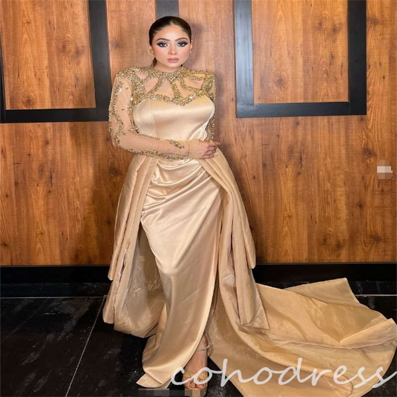 Luxury Gold Mermaid Evening Dresses With Overskirt Gorgeous Arabic Dubai Crystal Prom Dress Long Sleeve Special Occasion Dress Elegant Ceremony Party