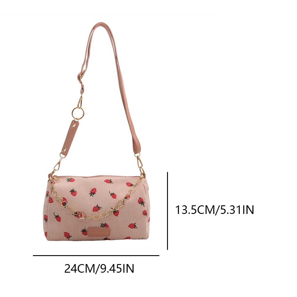 Cute Strawberry Print Shoulder Bag with Zipper Corduroy Messenger Bag with Adjustable Strap Crossbody Purse for Women Girls