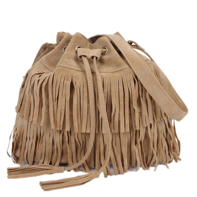 Fashion Retro Faux Suede Fringe Women Messenger Tote New Shoulder Handbags Crossbody Bag Tassel Bucket Bolsa Feminina