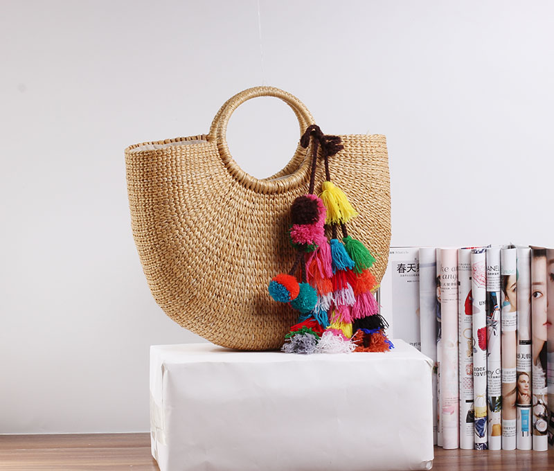 37x26CM Handmade Yellow grass Woven with pompom tassels Ladies Beach Straw Bag Circular Moon shaped Bag A2925