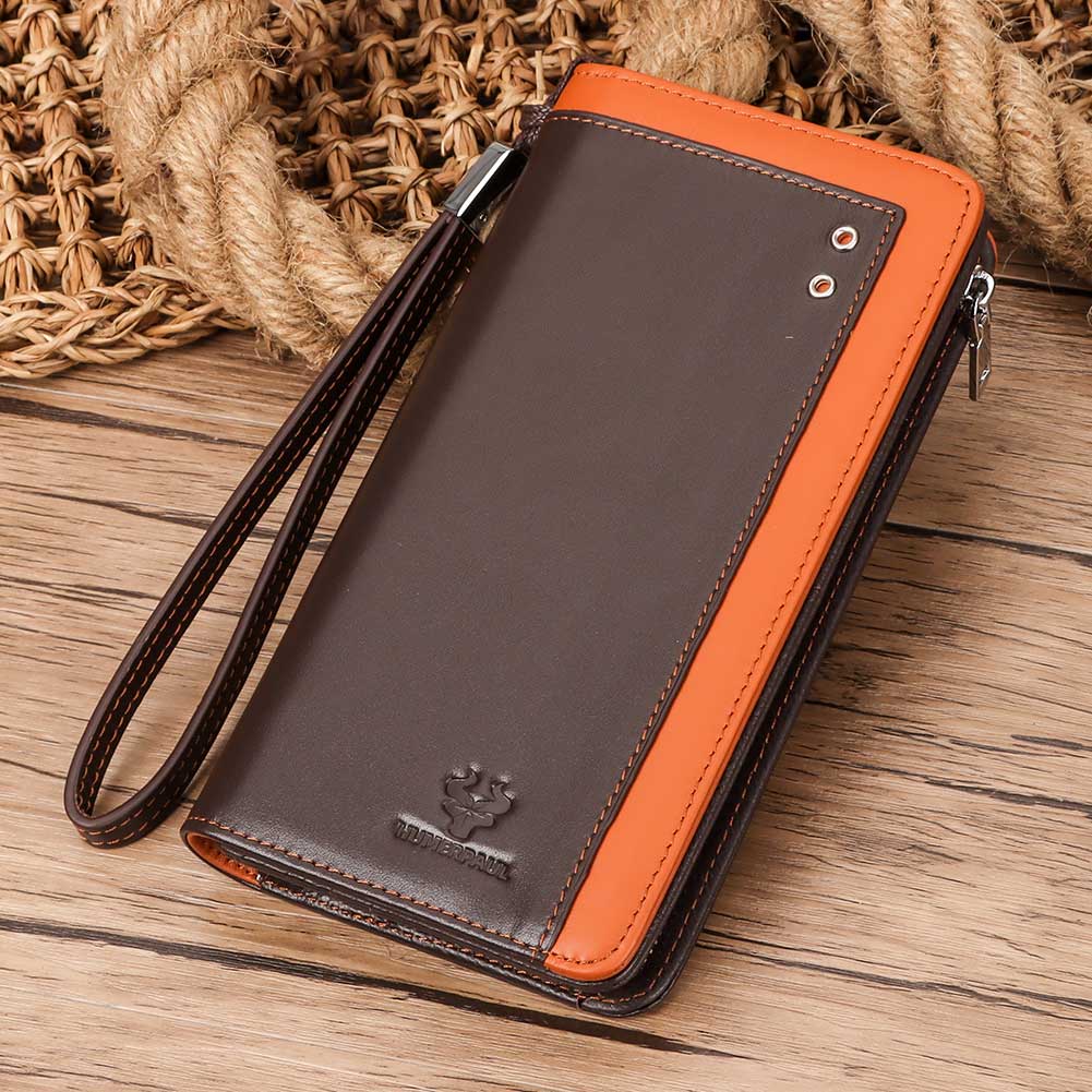 HUMERPAUL Genuine Leather Men's Wallet RFID Credit Card Holder with Passport Cover Business Long Cell Phone Clutch Purse