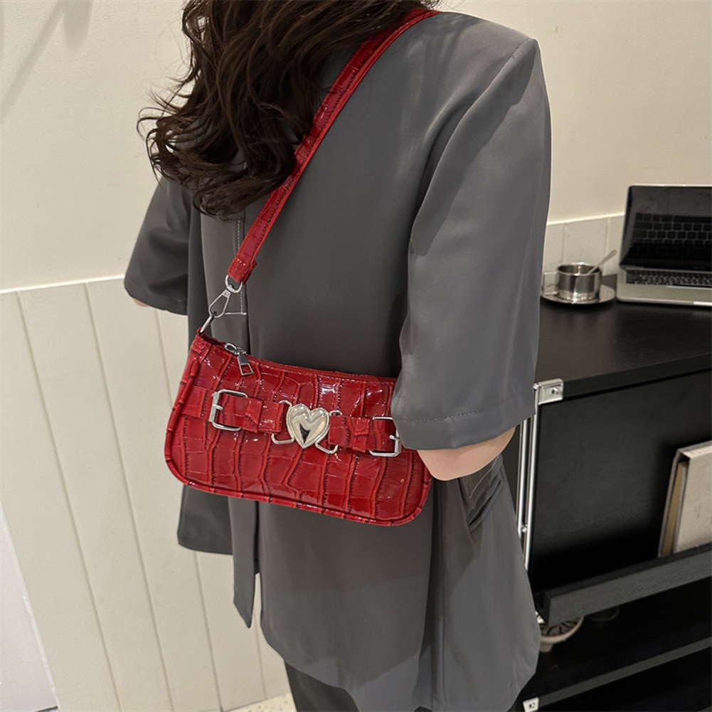Women Y2K Peach Heart Butt Leather Handbags Girl Alligator Pattern Underarm Handbags Heart Pin Buckle Fashion Girls Shoulder Bag