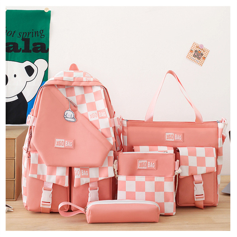 4 Pcs Set Women Backpack Harajuku Laptop Canvas plaid School Bags For Teenage Girls Kawaii College Student Kid Book Bag Rucksack