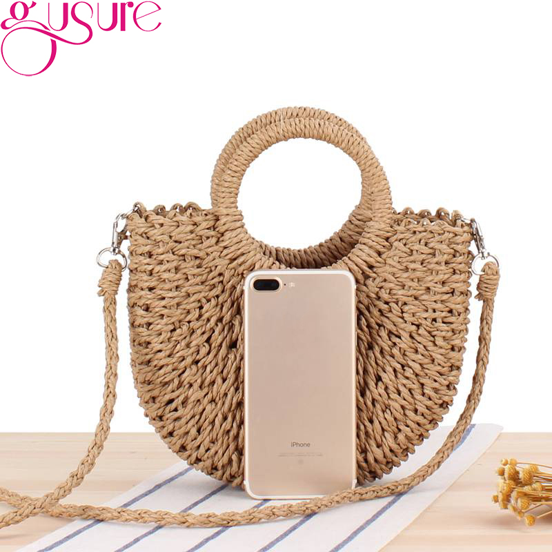 Gusure Handmade Half-Round Rattan Woven Straw Crossbody Bag Summer Beach Women Messenger Shoulder Bags Girls Small Handbag