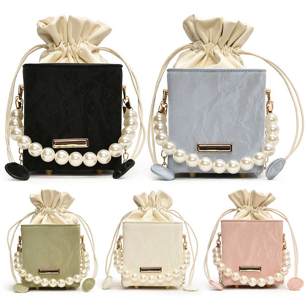 Women PU Chic Crossbody Bag Large Capacity Drawstring Shoulder Handbags Chain Strap Small Square Bag for Party Vacation