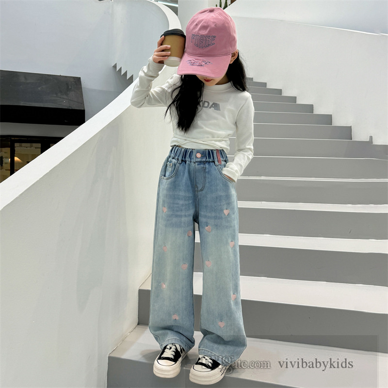 Big Girls pink love heart embroidery jeans kids straight wide legs pants winter teenagers thicken casual cowboy trousers S2454