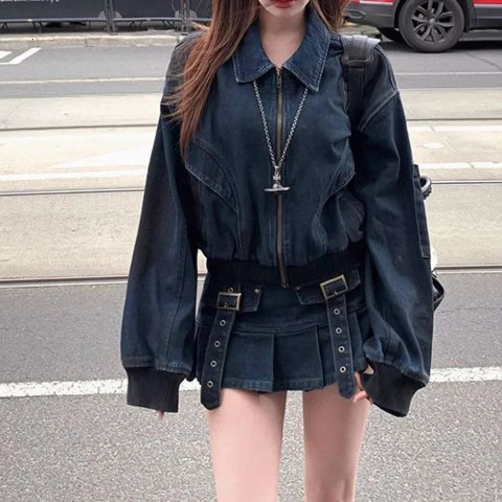 Conjunto Twede Feminino American Vintage Denim Suit 2024 Early Autumn Motorcycle Jacket Pleated Skirt Two-piece Set 241107
