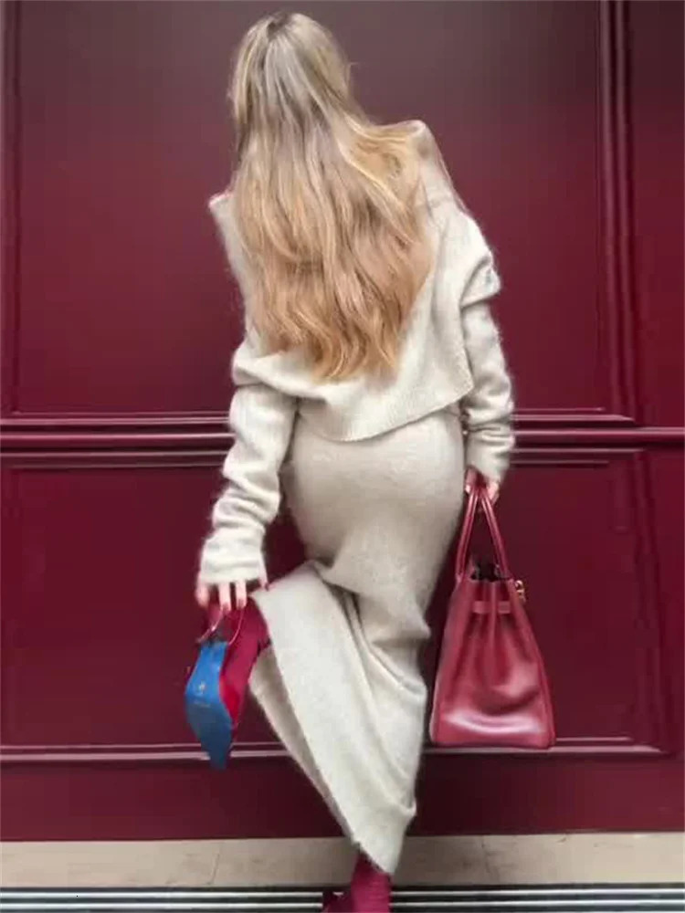 Tossy Knitted Skirt 2 Piece Set Womens One-Shoulder Long Sleeves Sweater Pullover Elegant Slim Fit Long Skirt Suit Autumn 241107