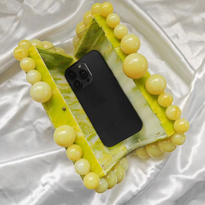 Evening Bag Acrylic Marble Crossbody Box Shoulder Bags Clutch Amber Bead Small Square Yellow Women's Cosmetic Underarm Handbags