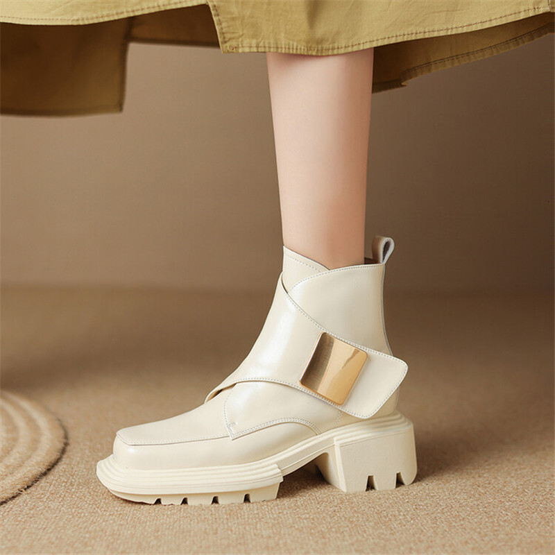 New Winter Split Leather Square Toe Chunky Heel Platform For Women High Heels Short Boots Concise Ladies Shoes