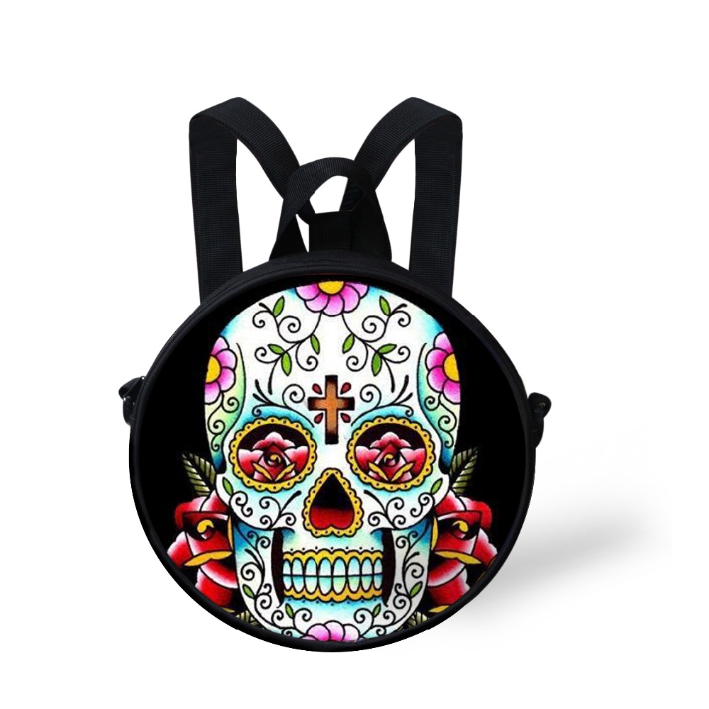 ELVISWORDS Round Shoulder Bag Women Tattoo Pattern Crossbody Bag Lady Messenger Bags Women Handbag Skull Coin Purse Canvas Bolsa