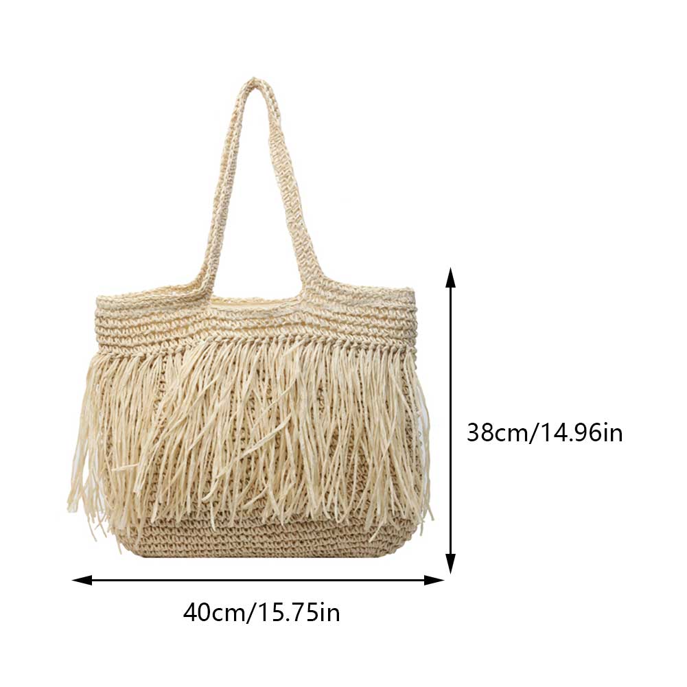Women Straw Woven Tote Bag Summer Beach Bags Large Capacity Vacation Shoulder Bag Simple with Tassel Weave Handbag