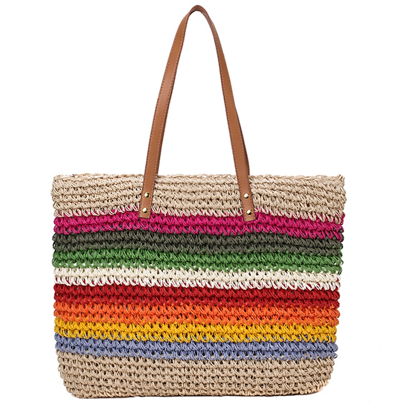 Fashion Lady Handbag Beach Rainbow Color Lady Handbag Shoulder Korean Version Of The Trend Beach Straw Bag