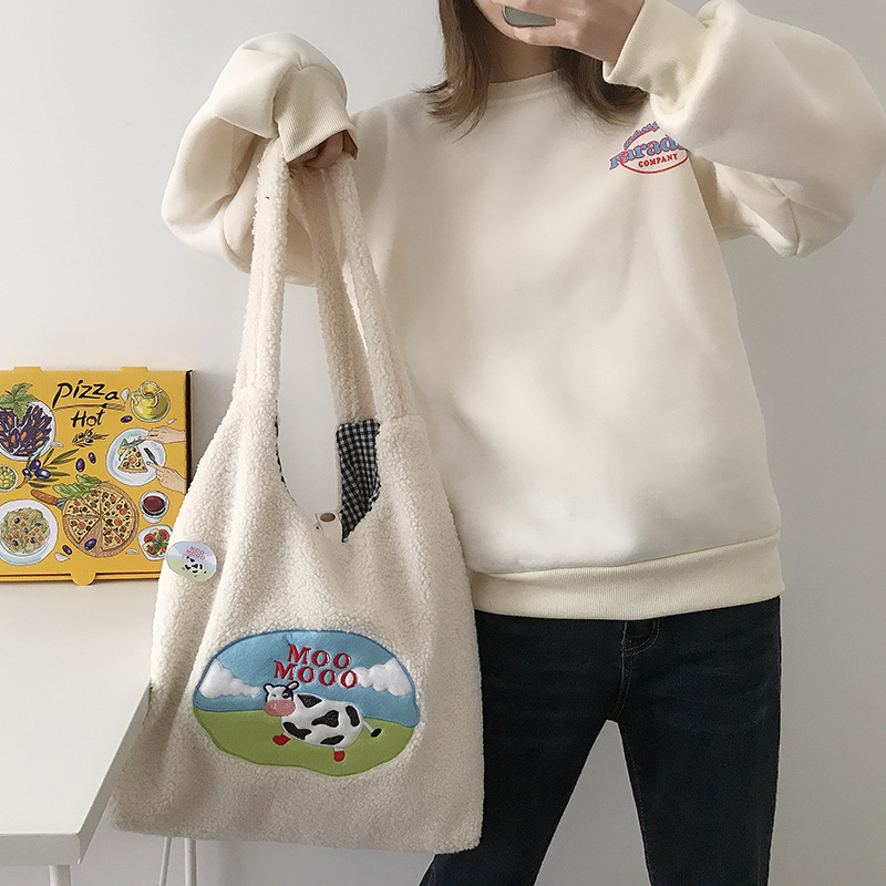 Women Sweet Milk Shoulder Bag Plush Canvas Handbag Tote Large Capacity Embroidery Shopping Bag Cute Book Bags For Girls