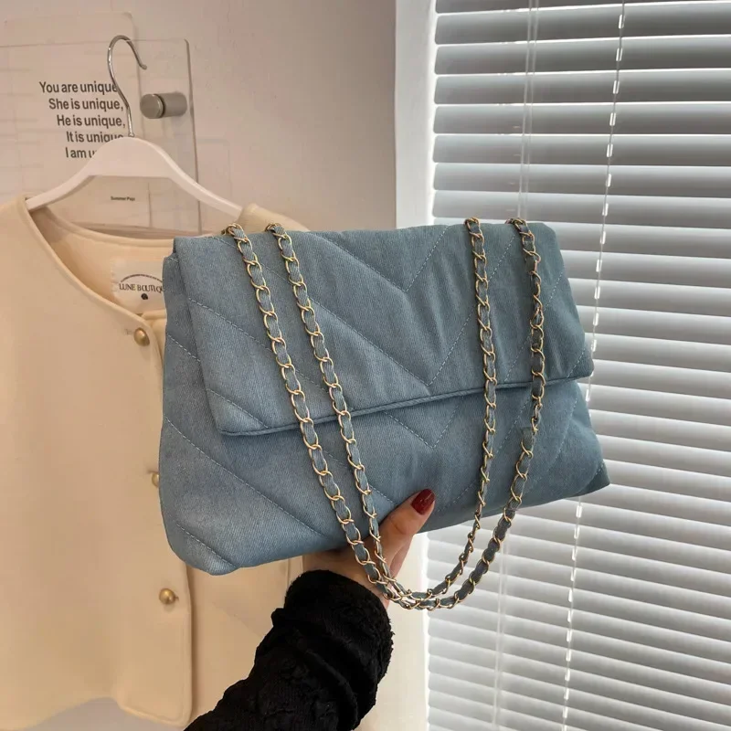 Vintage Shoulder Bag for Women Denim Blue Diamond Messenger Bags Large Capacity Work Study Street Tote Bag Purses and Handbags