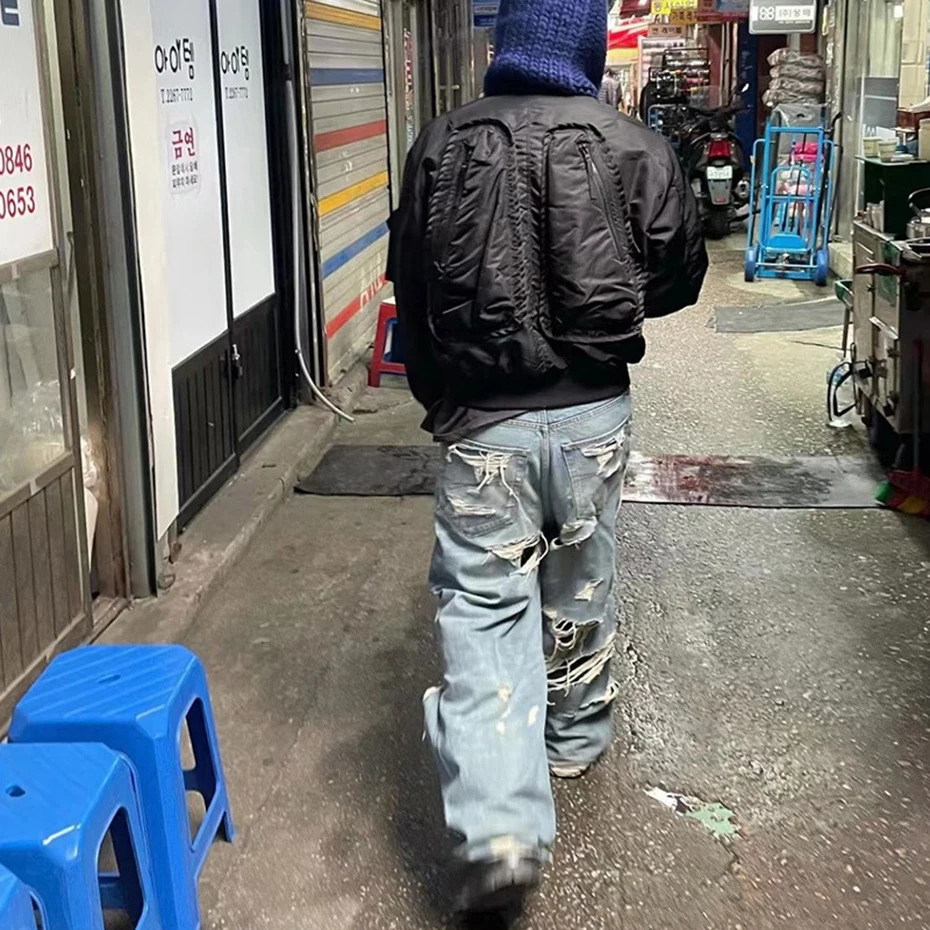 Hip Hop Ripped Jeans Distressed Double Layer Baggy Denim Pants Mens Fashion Streetwear Harajuku Blue 241104