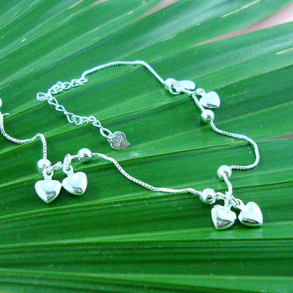 100% 925 sterling silver heart-shaped anklet pendant bead anklet summer beach anklet bracelet 241107