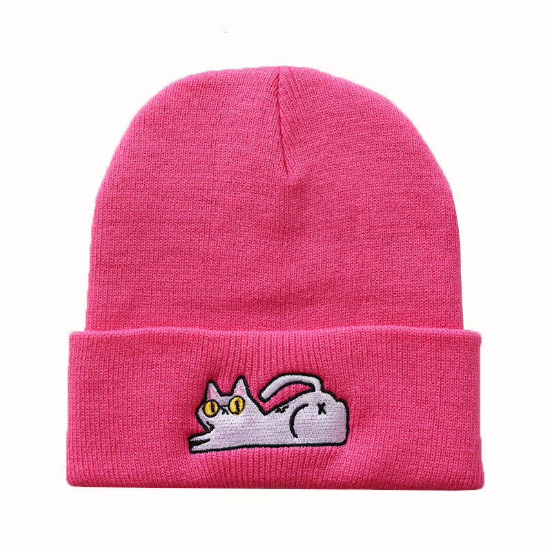 High quality design, Cute Lazy Cat Embroidered Knitted Warm Hoodie Hip Hop Hairline Hat for Male and Female