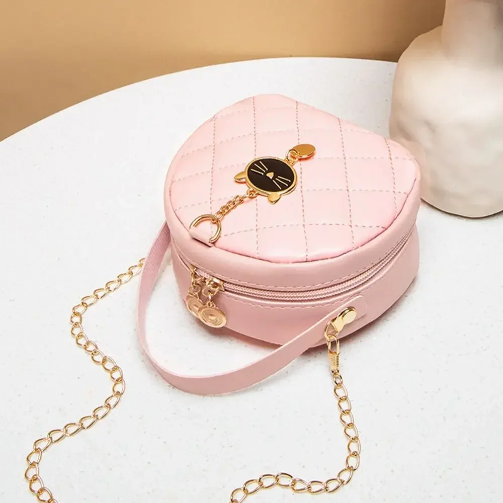 Fashion Lingge Crossbody Small Round Bag New Handbag Womens Cute Cat Decoration Female Single Shoulder Messenger Bag