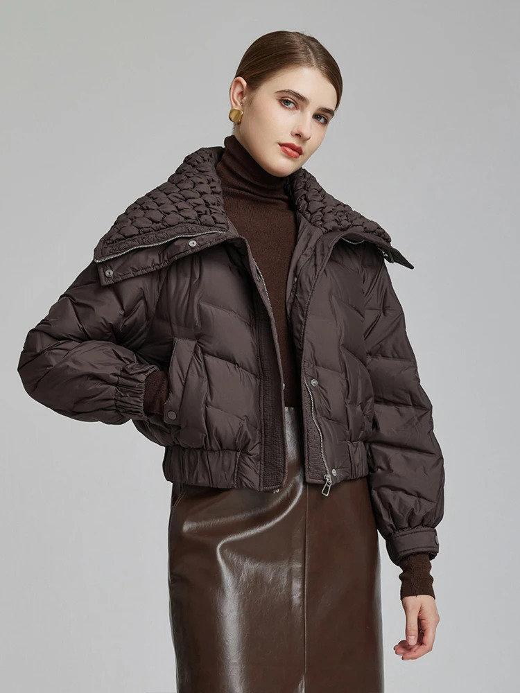 n a large collar down jacket for womens winter fashion oversized short cushioned jacket for womens outerwear elegant brown INKEO DJ062 241107