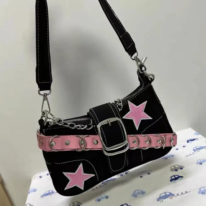 Star Pattern Y2K Hot Girl Chain Shoulder Bags for Women Black Pink Handbag Luxury Designer Grunge Bag Gothic Motor Style Sling