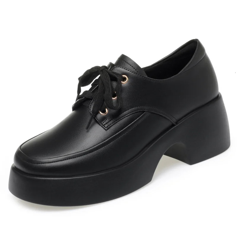 2024 Elegant Versatile Lace Comfortable Soft Leather Shoes for Womens Retro Thick soled High Heels Casual Single Shoes 241106