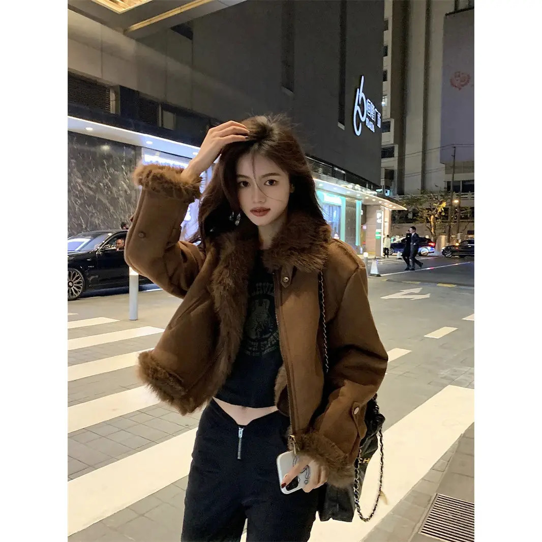 Krean Fashion Brown Fur Thick Motorcycle Coat Womens Winter Dress ly Issued Premium Thick Short Jacket Womens Top 241107