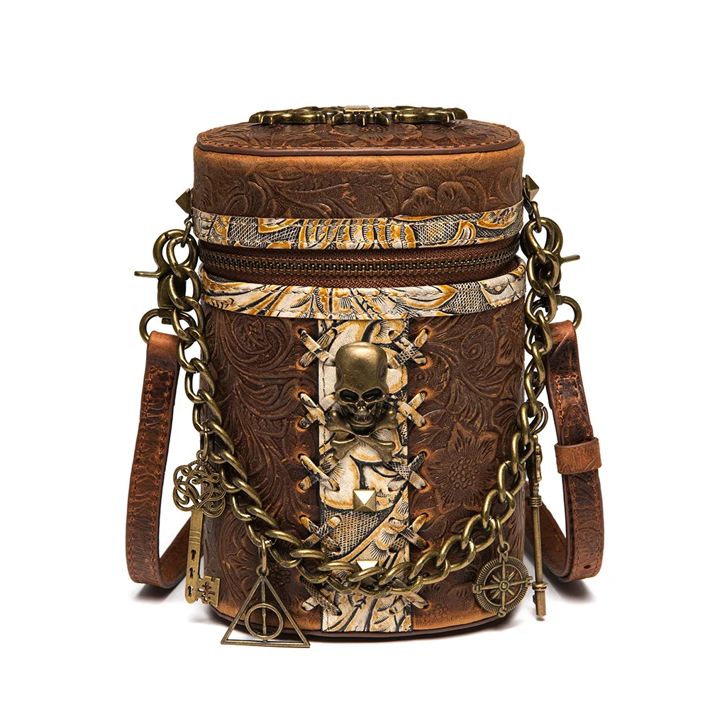 Gear Gothic Woman Leather Bucket Medieval Steampunk Messenger Bag Punk Waist Bag Skull Decoratived Chain Single Shoulder Bag