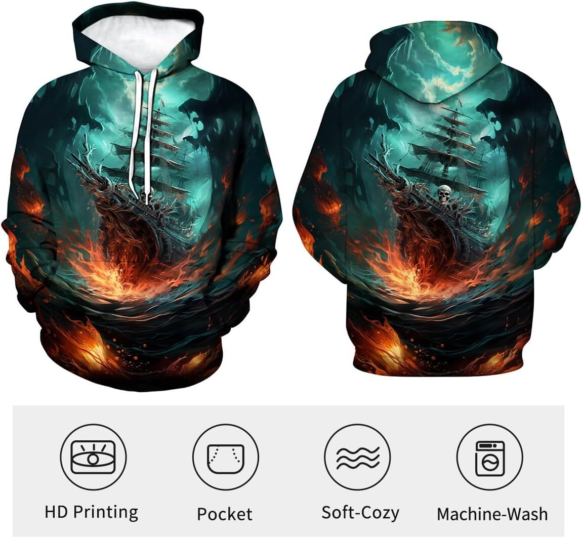 Hoodie for Mens Womens Funny Pirate Hoodie Pirate Ship Graphic Sweatshirt Graphic Cool pirate pattern
