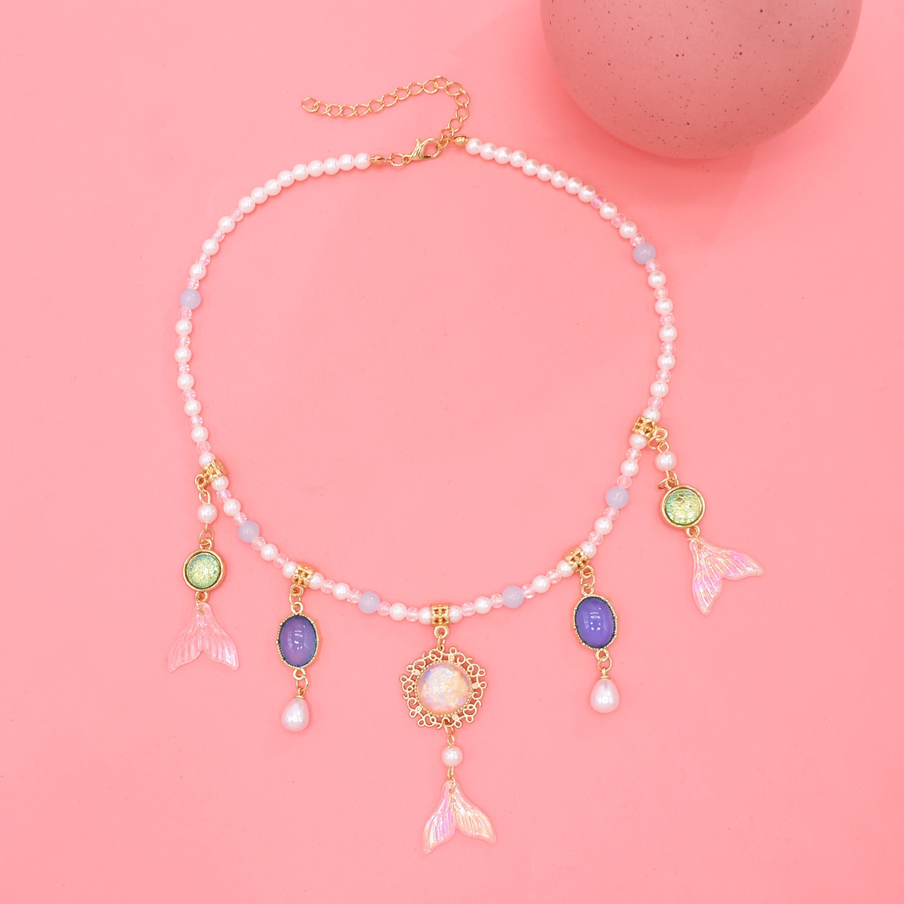 Antique Style Imitation Pearl Colorful Bead Fish Tail Necklace Mermaid Princess Hanfu Photo Super Fairy Gradient Tassel Necklace