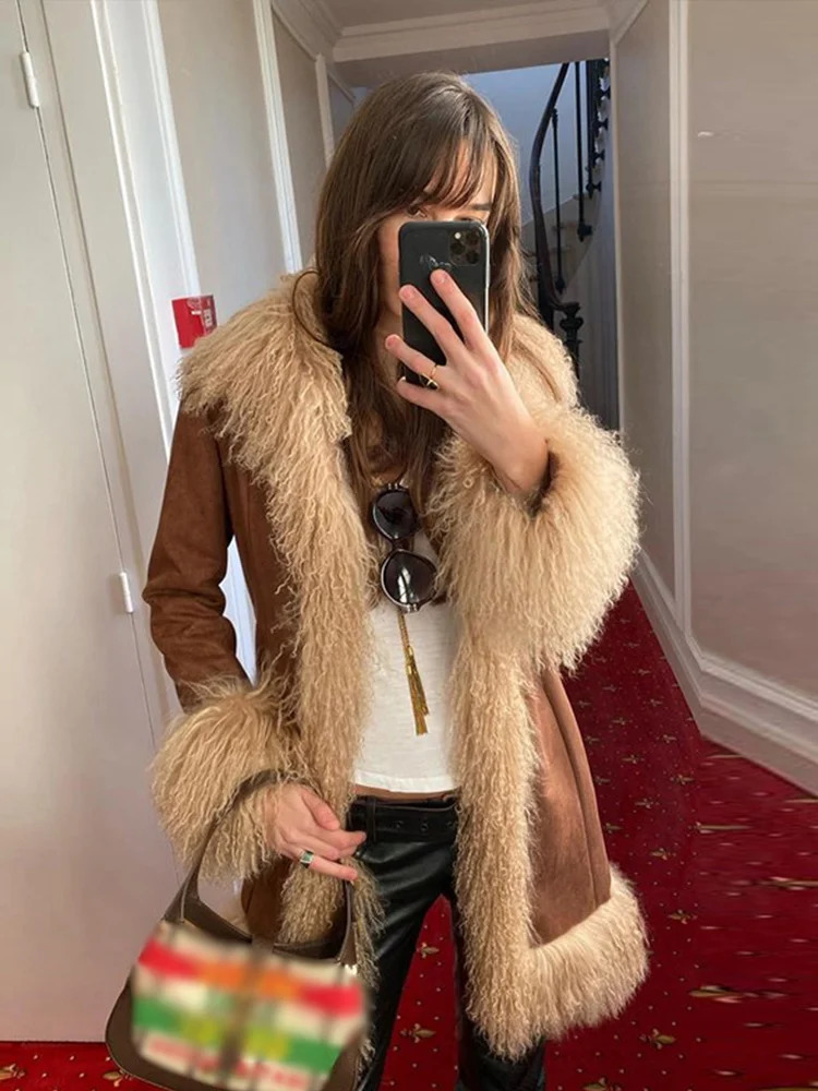 Artificial fur patch work thick coat womens lapel fur loose long sleeved warm coat winter casual pocket coat 241107
