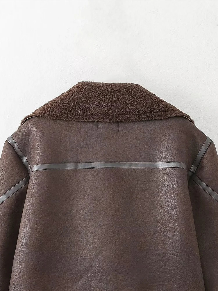 Winter womens retro brown synthetic wool cut bicycle jacket warm jacket 241107