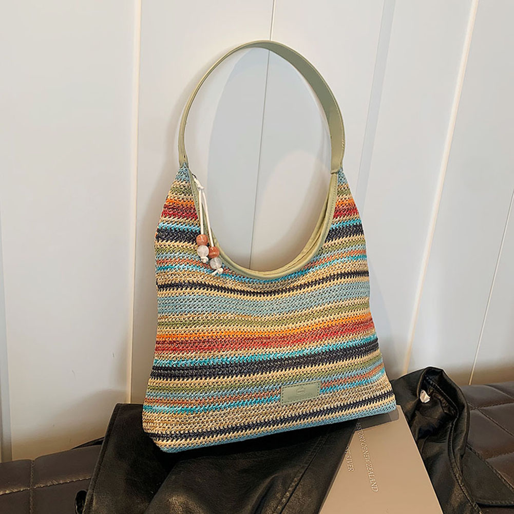Women Straw Woven Tote Bag Striped Tote Clutch Bags Large Capacity Beach Vacation Shoulder Bag Contrast Color for Outdoor Travel