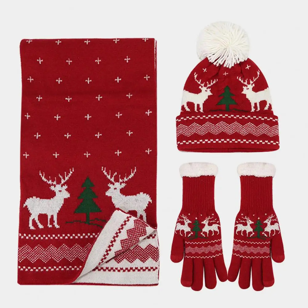 3 pieces/set of unisex Christmas hats scarves gloves set of reindeer tree patterned hats gloves neck packaging set elastic touch screen for cold weath