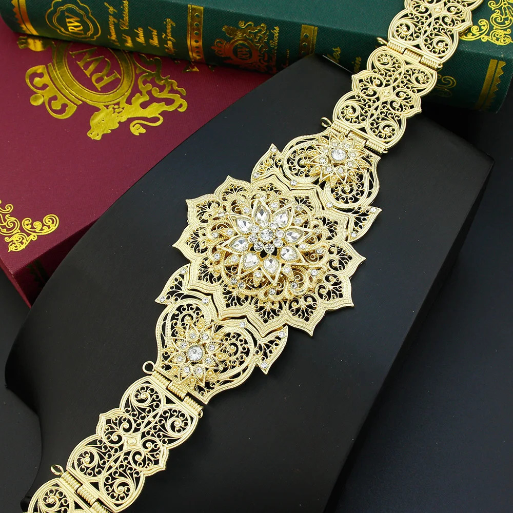 Sunspicems Gold Color Moroccan Caftan Belt For Women Dress Waist Chain Belt Arabic Bride Wedding Jewelry Robe Sash Body Chain 241107
