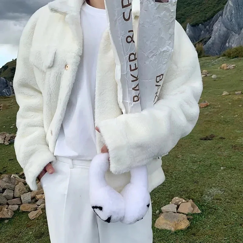 Korean fashion fur coat mens jacket trend square collar chic mink faux fur coat jacket hip-hop party clothing 241107