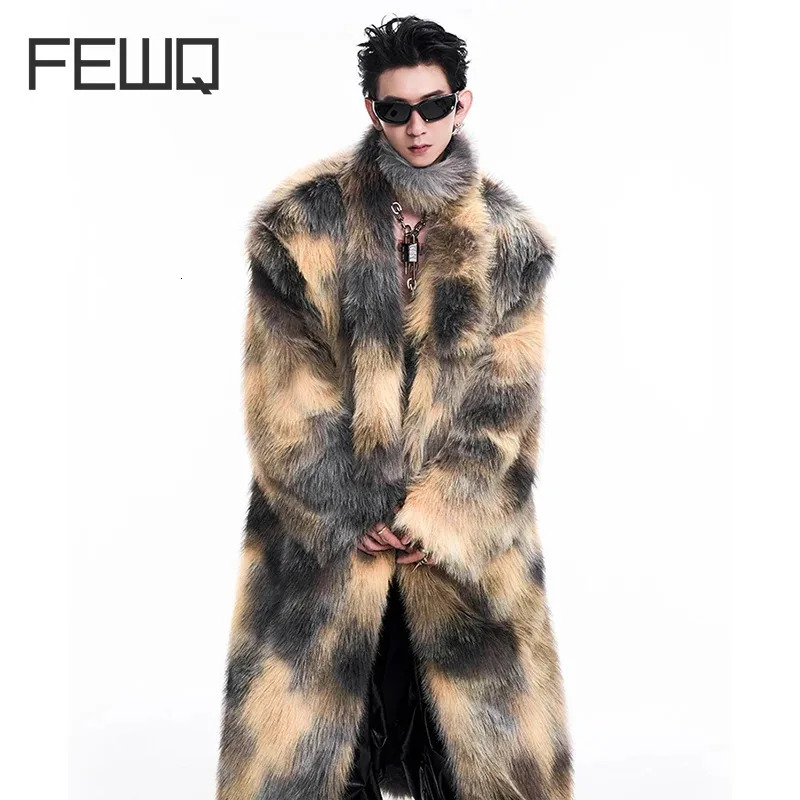 FEWQ mens faux fur long coat autumn and winter mink cardigan long sleeved scarf mens top 24E5164 241107