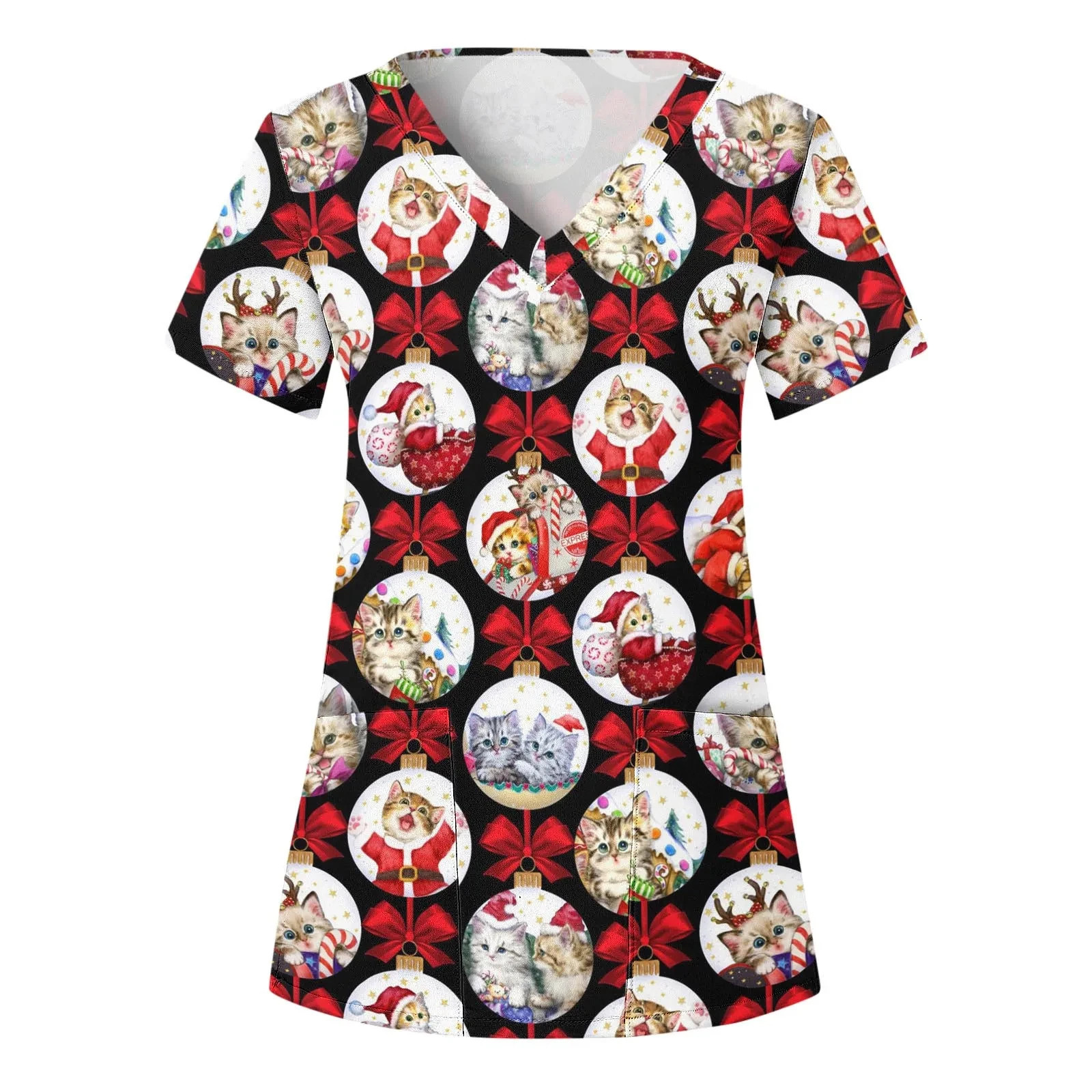 Christmas Clinical Uniform Woman Santa Claus Cartoon Print Dental Scrub Tops VNeck Short Sleeve with Pocket Nurse 241029