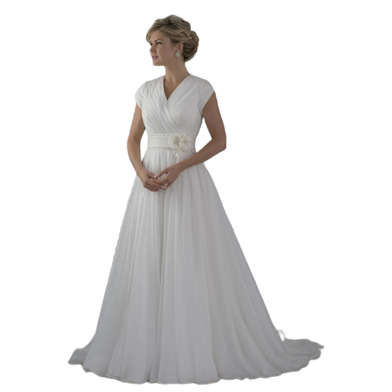 Pleats Chiffon A Line Wedding Dresses V-Neck Short Sleeves Long Beach Bridal Gown Hand Made Flowers Sash Empire Waist Simple White Ivory Bride Dress