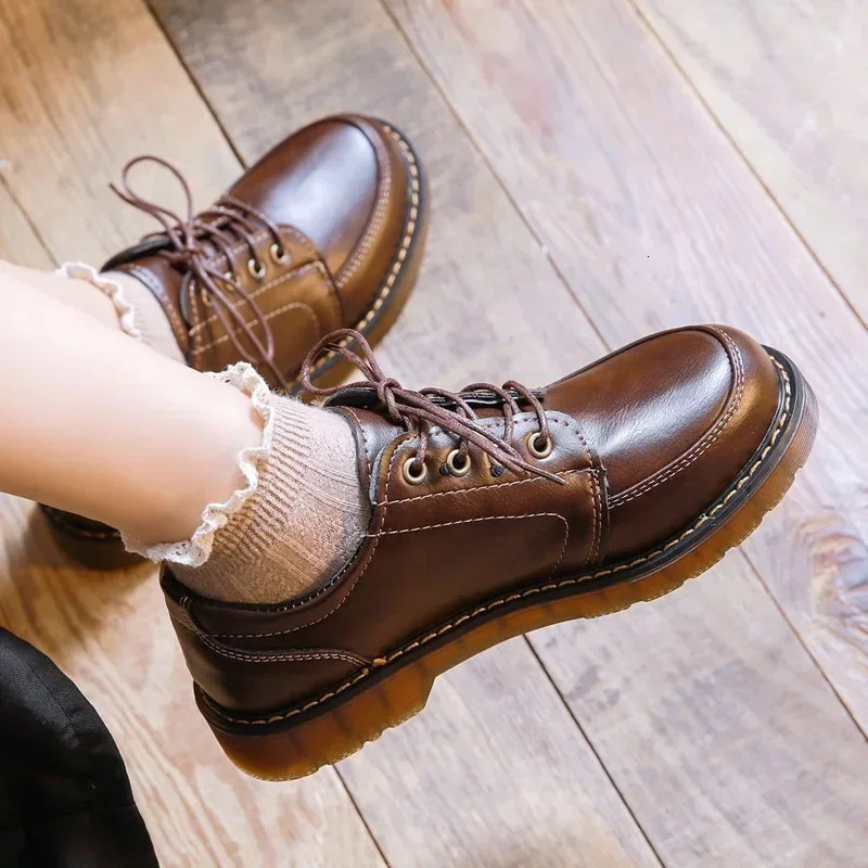 British style womens leather shoes retro brown preparatory JK uniform shoes college student casual shoes low boots lace shoelaces 241106