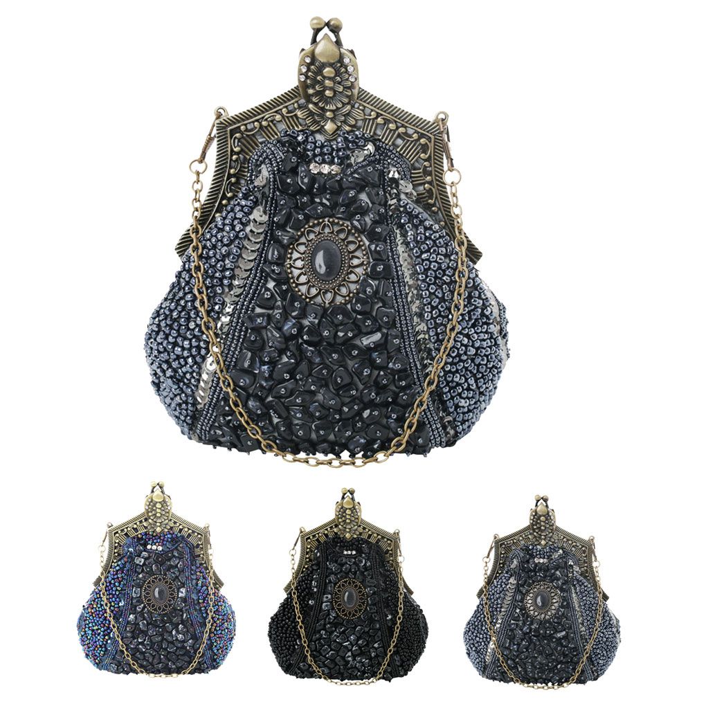 Vintage Sequined Purse Evening Handbag Women Antique Crystal Beaded Embroidery Party Chain Clutch Wedding Bridal Bag